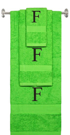 Lime monogrammed towel set with Black thread, Times New Roman font, initial F - 540 GSM cotton 3-piece