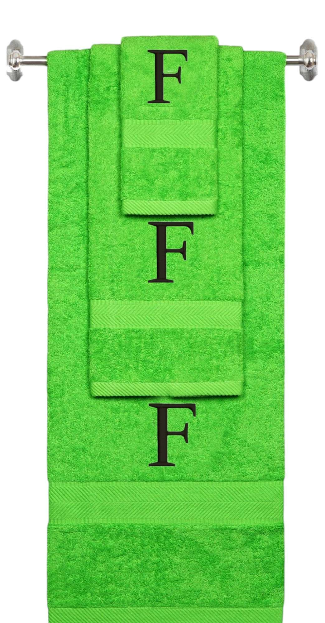 Lime monogrammed towel set with Black thread, Times New Roman font, initial F - 540 GSM cotton 3-piece