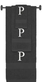 Charcoal monogrammed towel set with White thread, Times New Roman font, initial P - 540 GSM cotton 3-piece
