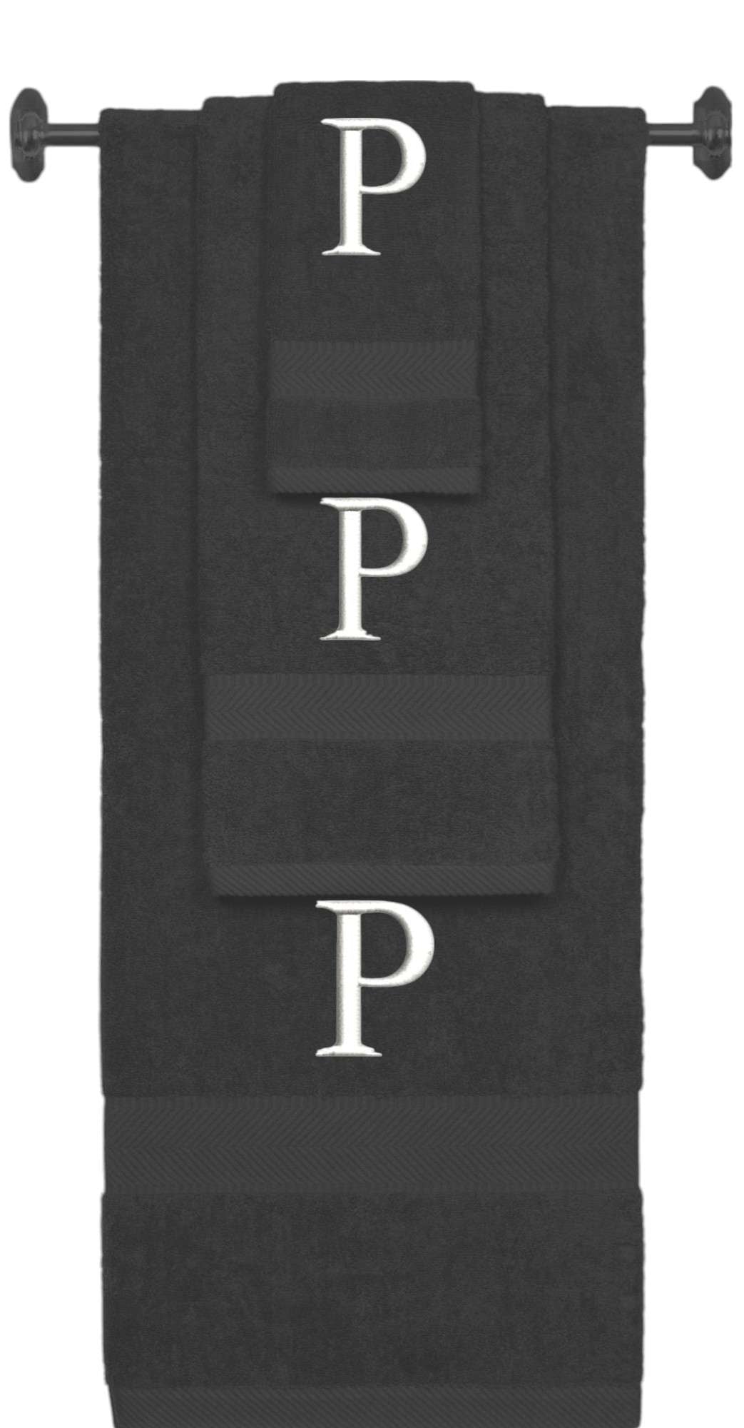 Charcoal monogrammed towel set with White thread, Times New Roman font, initial P - 540 GSM cotton 3-piece