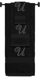 Black monogrammed towel set with Black thread, Diana Script font, initial U - 540 GSM cotton 3-piece