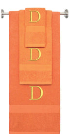 Orange monogrammed towel set with Gold thread, Times New Roman font, initial D - 540 GSM cotton 3-piece