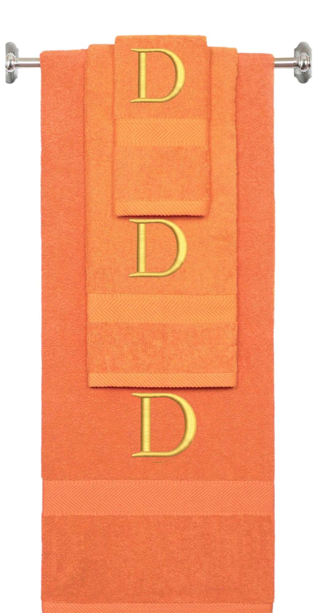 Orange monogrammed towel set with Gold thread, Times New Roman font, initial D - 540 GSM cotton 3-piece