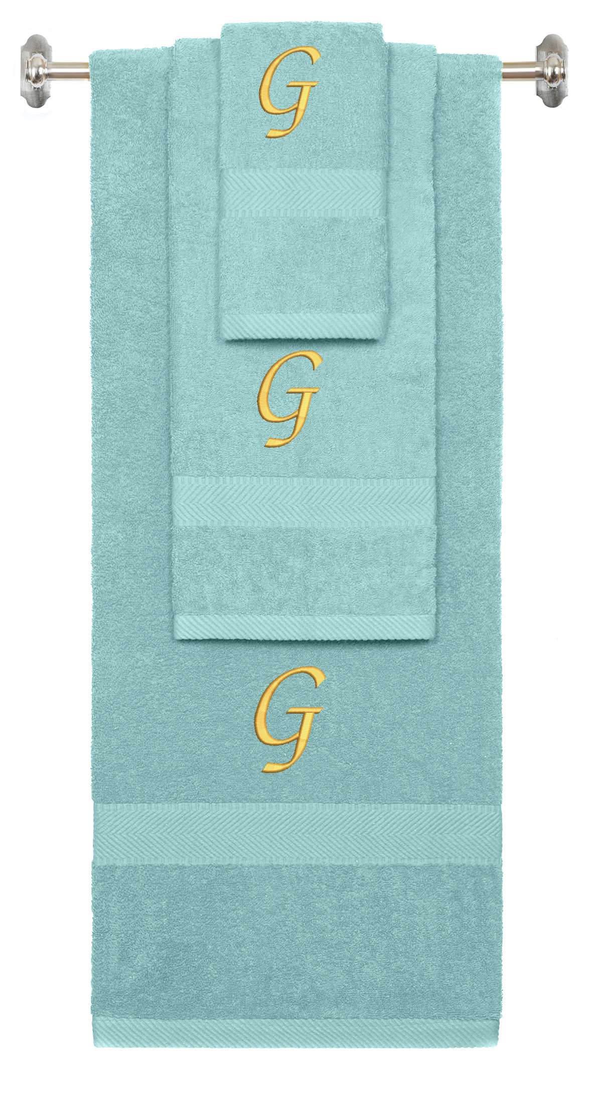 Nautical Teal monogrammed towel set with Gold thread, Chancery font, initial G - 540 GSM cotton 3-piece