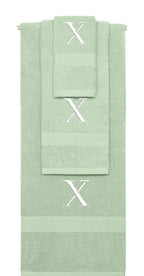Mint Green monogrammed towel set with White thread, Times New Roman font, initial X - 540 GSM cotton 3-piece