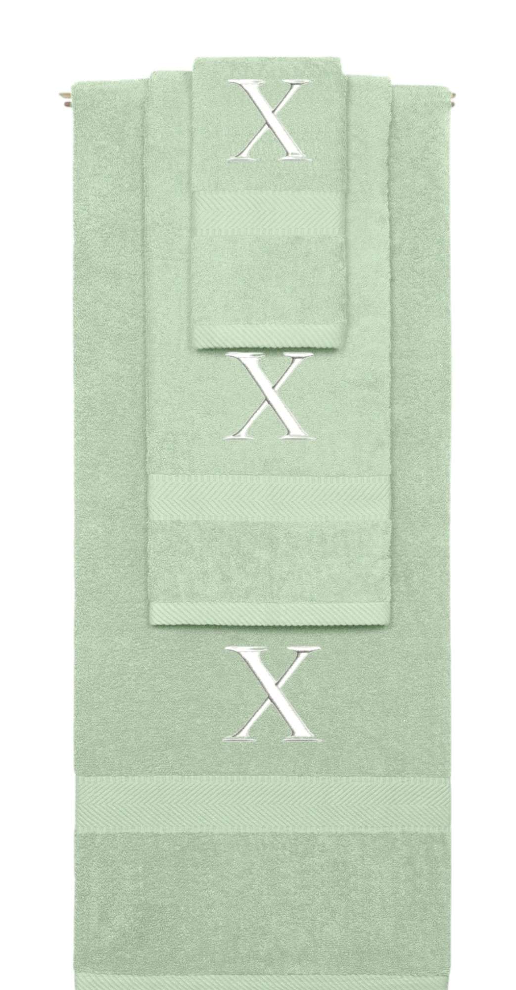 Mint Green monogrammed towel set with White thread, Times New Roman font, initial X - 540 GSM cotton 3-piece