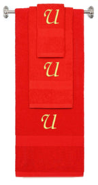 Red monogrammed towel set with Gold thread, Chancery font, initial U - 540 GSM cotton 3-piece