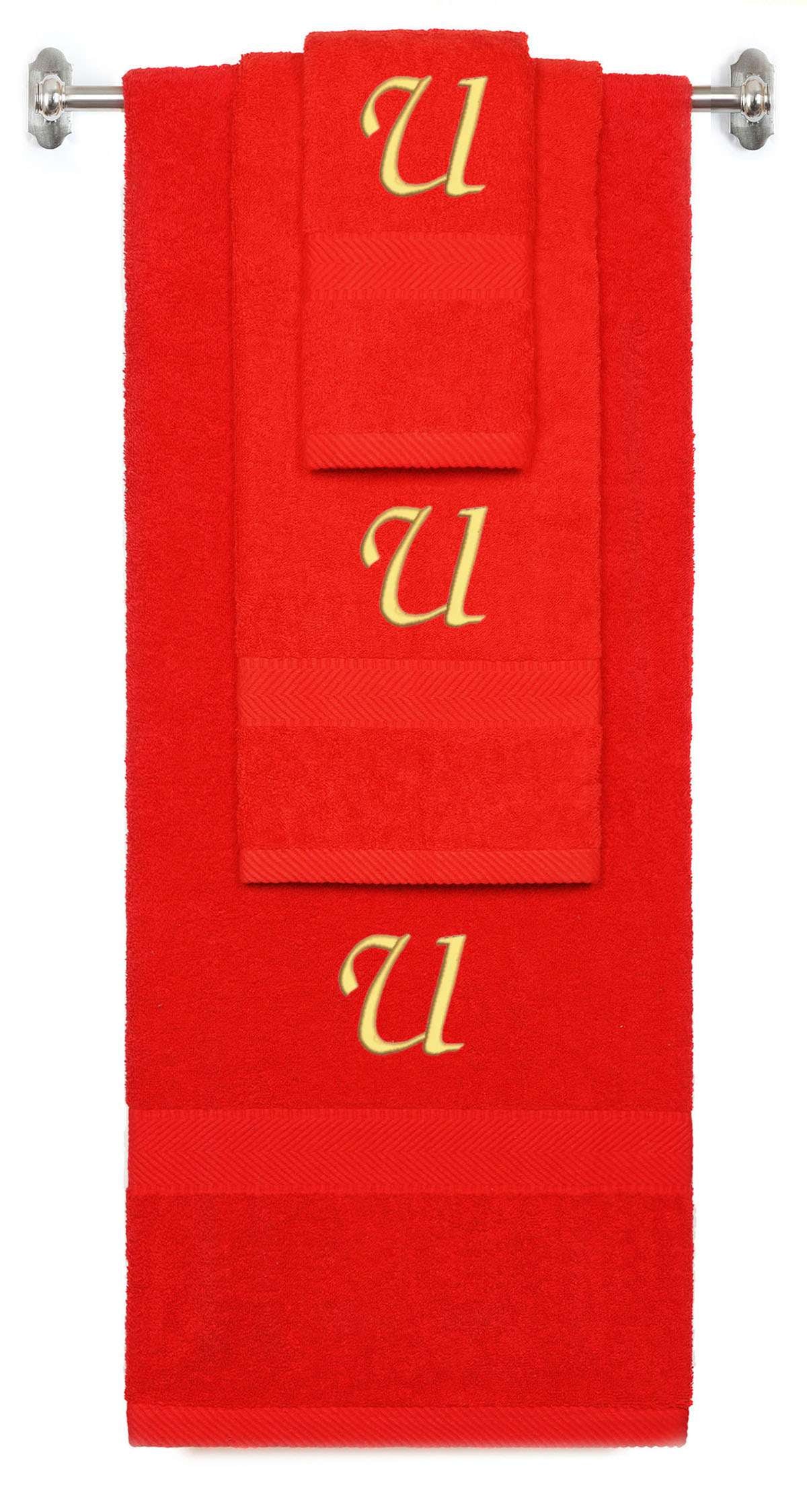 Red monogrammed towel set with Gold thread, Chancery font, initial U - 540 GSM cotton 3-piece