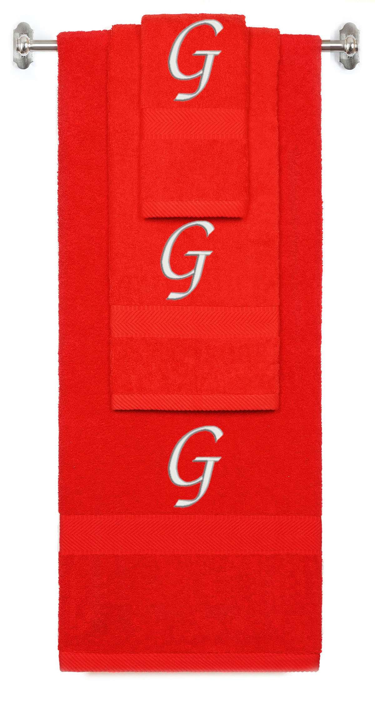 Red monogrammed towel set with Silver thread, Chancery font, initial G - 540 GSM cotton 3-piece