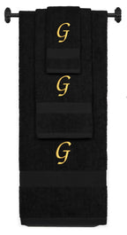 Black monogrammed towel set with Gold thread, Chancery font, initial G - 540 GSM cotton 3-piece