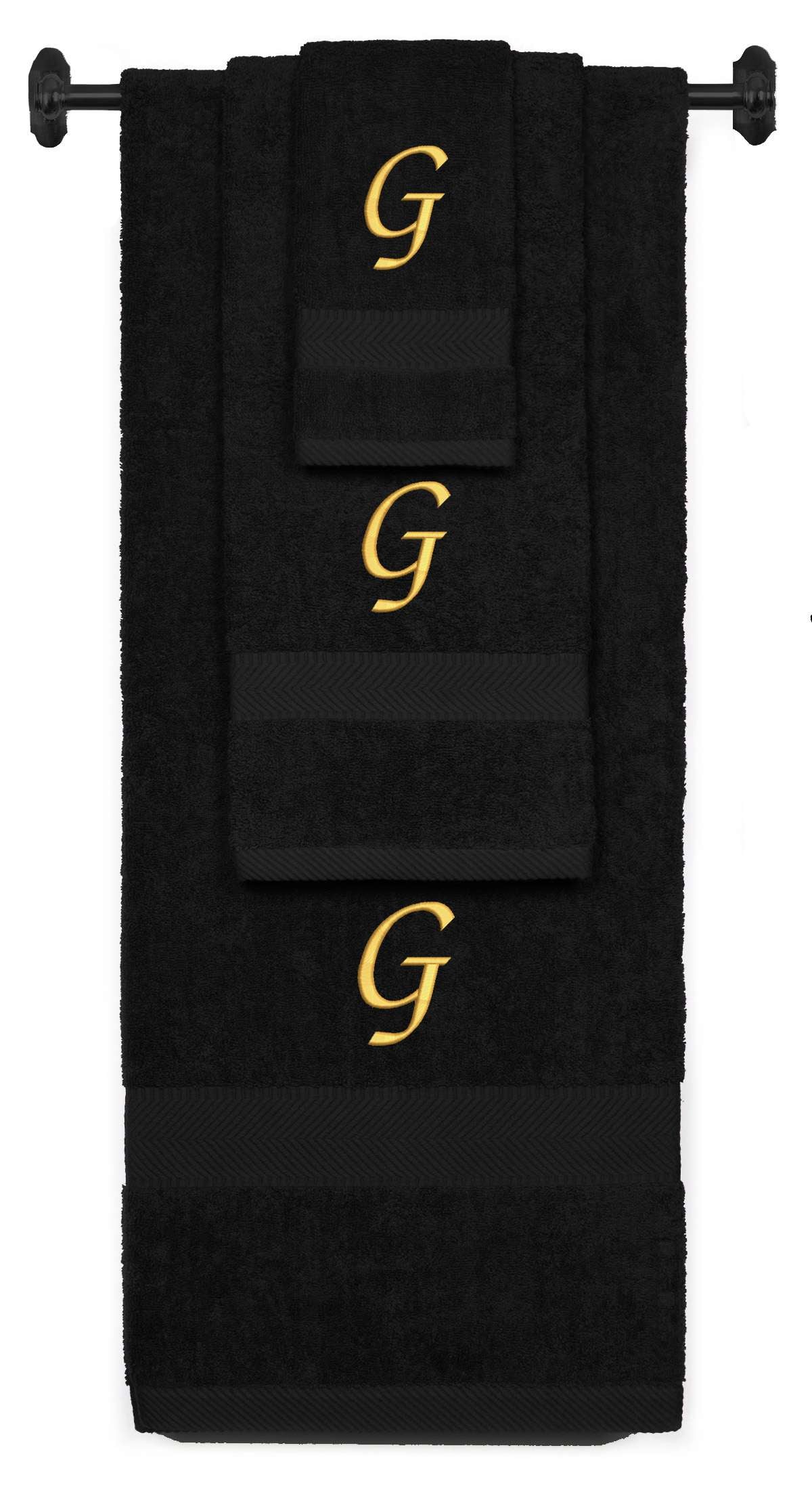 Black monogrammed towel set with Gold thread, Chancery font, initial G - 540 GSM cotton 3-piece
