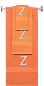 Orange monogrammed towel set with Silver thread, Times New Roman font, initial Z - 540 GSM cotton 3-piece