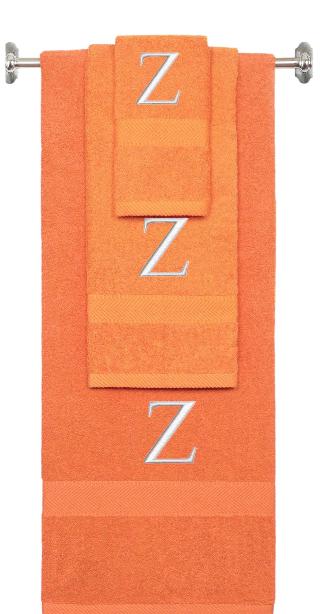 Orange monogrammed towel set with Silver thread, Times New Roman font, initial Z - 540 GSM cotton 3-piece