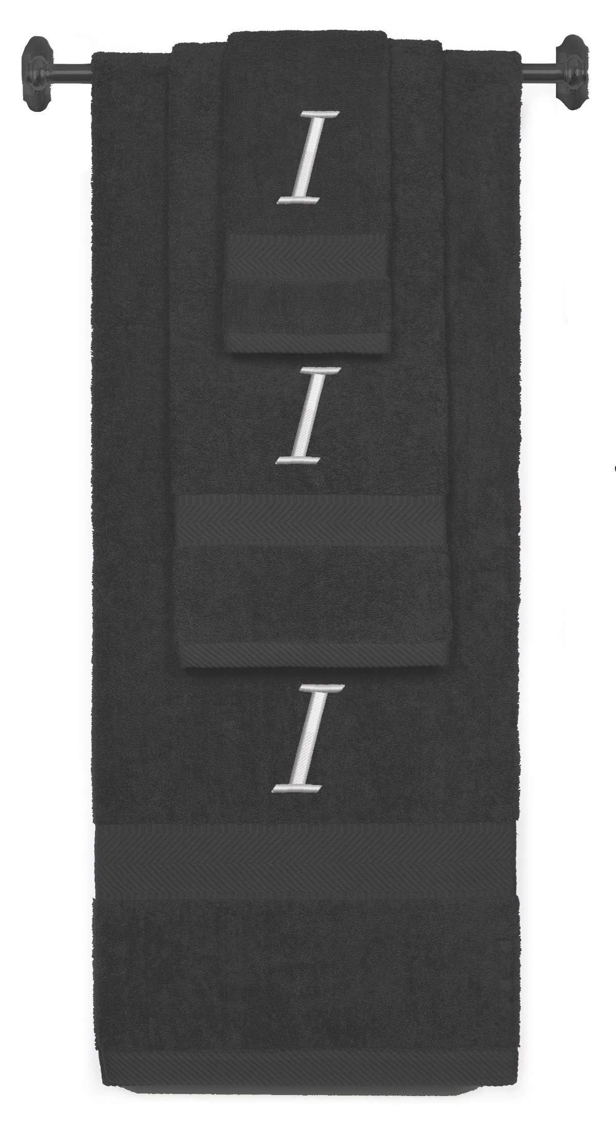 Charcoal monogrammed towel set with Silver thread, Chancery font, initial I - 540 GSM cotton 3-piece