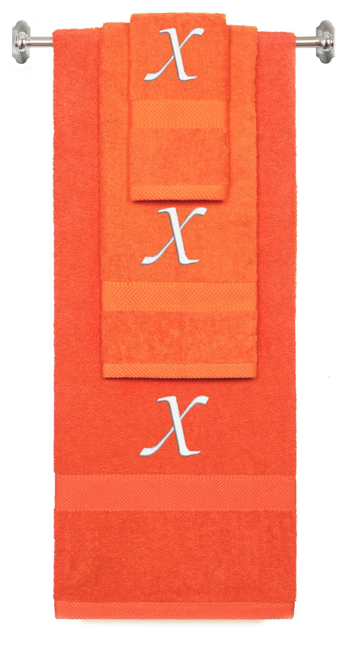 Orange monogrammed towel set with White thread, Chancery font, initial X - 540 GSM cotton 3-piece
