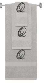 Silver monogrammed towel set with Black thread, Diana Script font, initial Q - 540 GSM cotton 3-piece