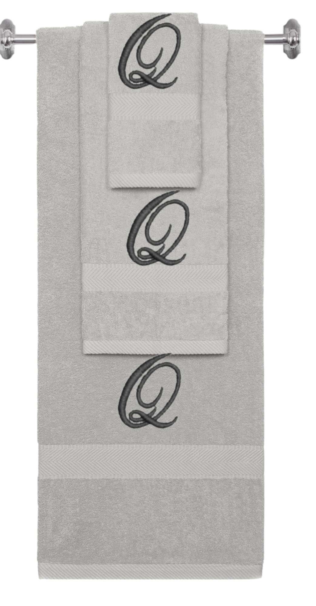 Silver monogrammed towel set with Black thread, Diana Script font, initial Q - 540 GSM cotton 3-piece