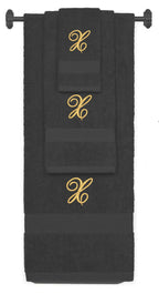 Charcoal monogrammed towel set with Gold thread, Diana Script font, initial X - 540 GSM cotton 3-piece