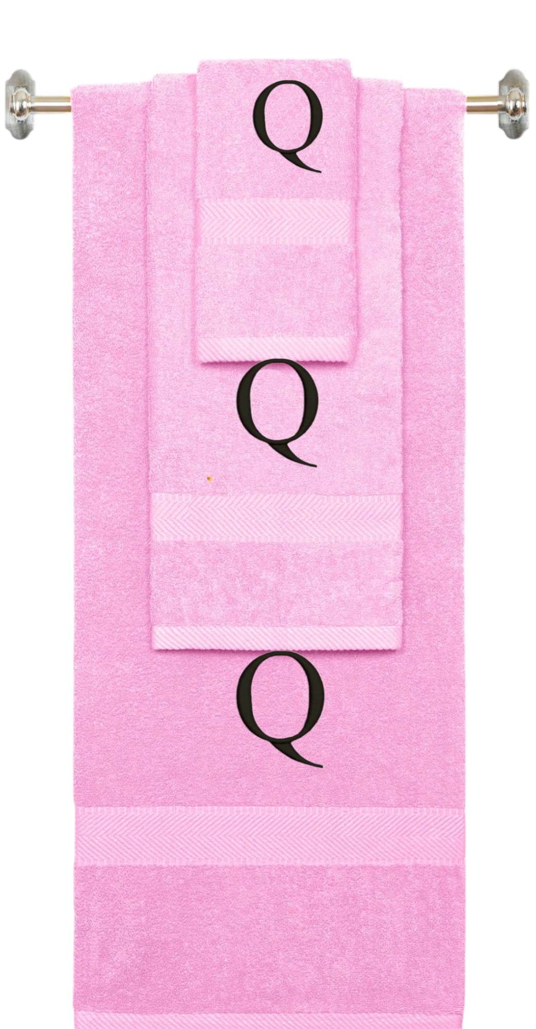 Pink monogrammed towel set with Black thread, Times New Roman font, initial P - 540 GSM cotton 3-piece