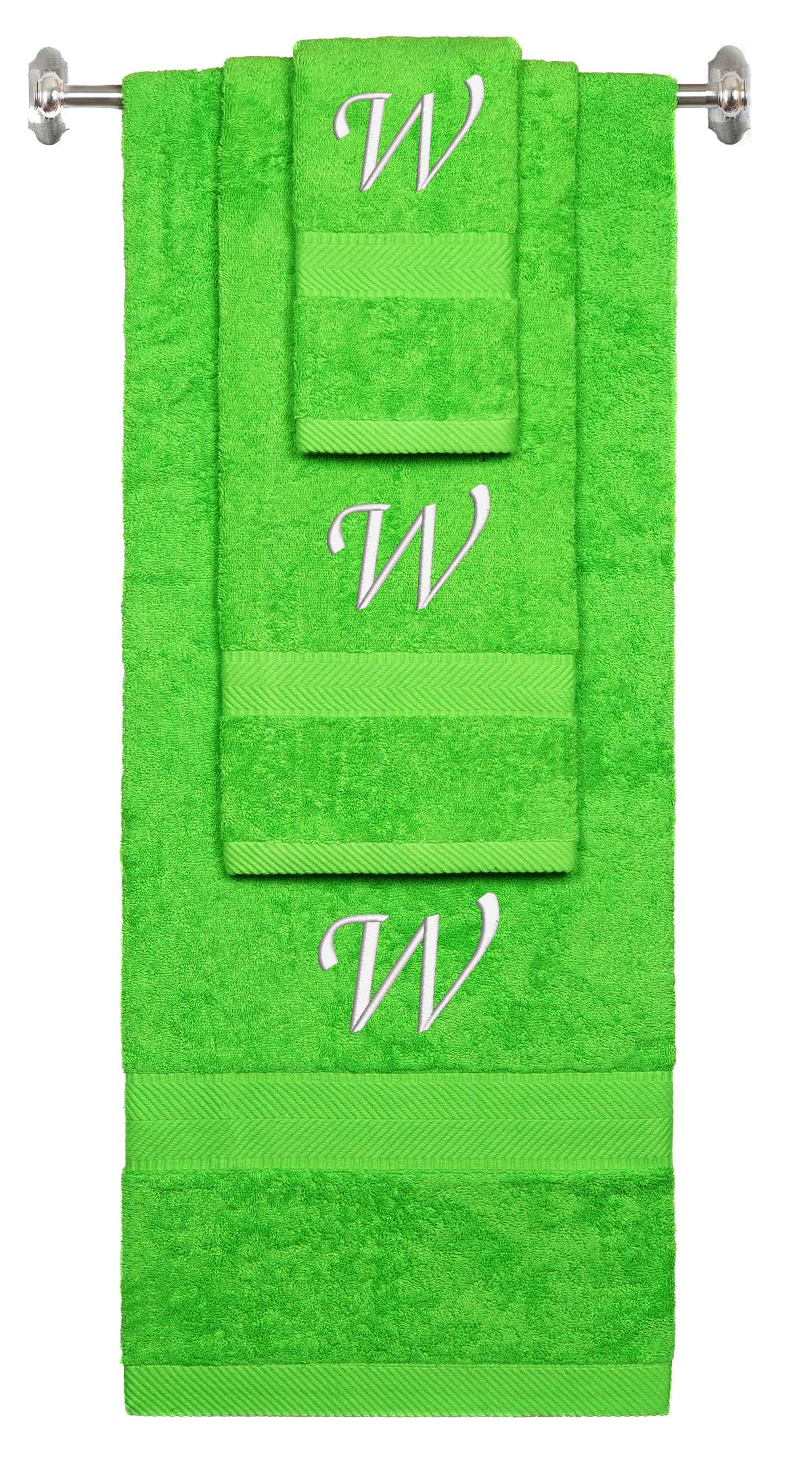 Lime monogrammed towel set with White thread, Chancery font, initial W - 540 GSM cotton 3-piece