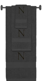 Charcoal monogrammed towel set with Black thread, Times New Roman font, initial N - 540 GSM cotton 3-piece
