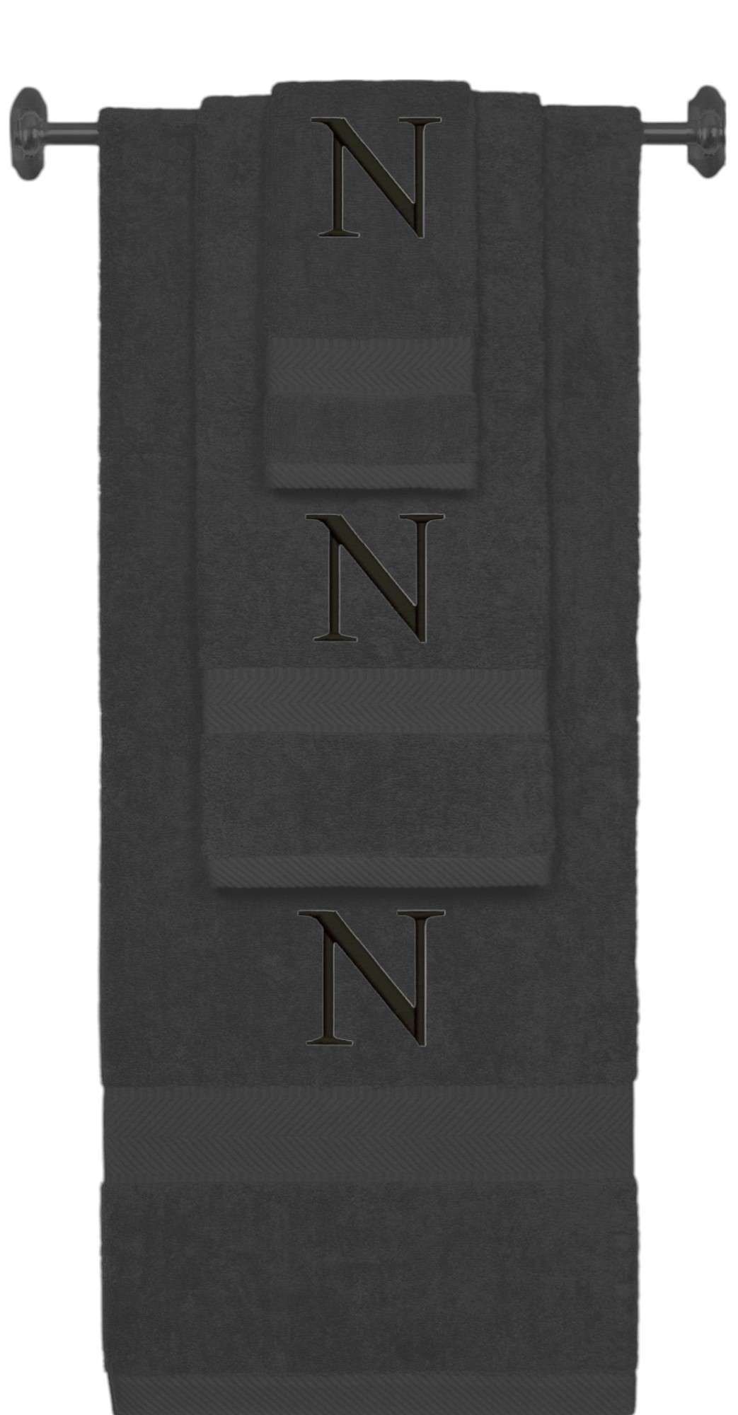 Charcoal monogrammed towel set with Black thread, Times New Roman font, initial N - 540 GSM cotton 3-piece