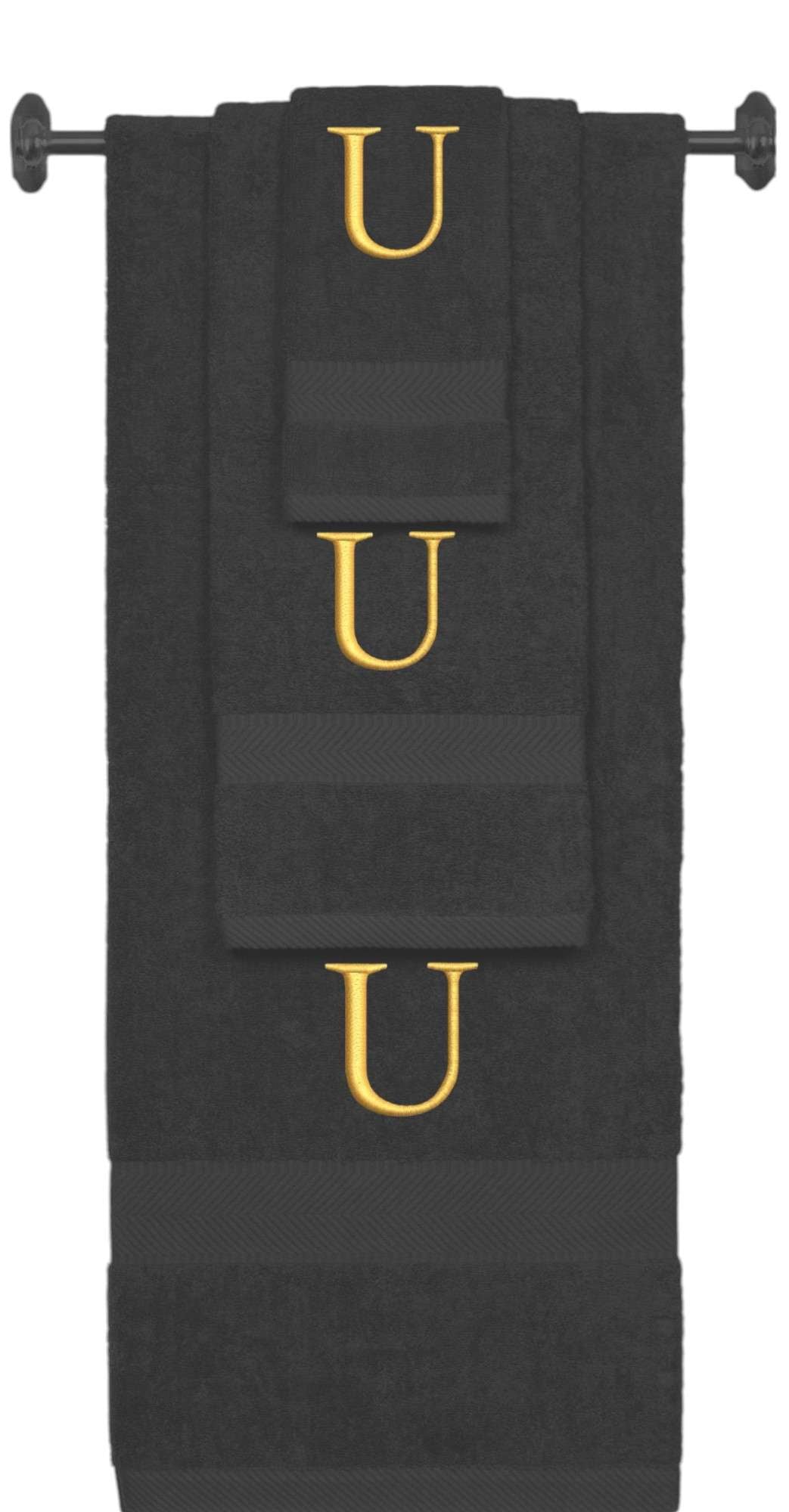 Charcoal monogrammed towel set with Gold thread, Times New Roman font, initial U - 540 GSM cotton 3-piece