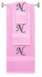 Pink monogrammed towel set with Black thread, Chancery font, initial N - 540 GSM cotton 3-piece