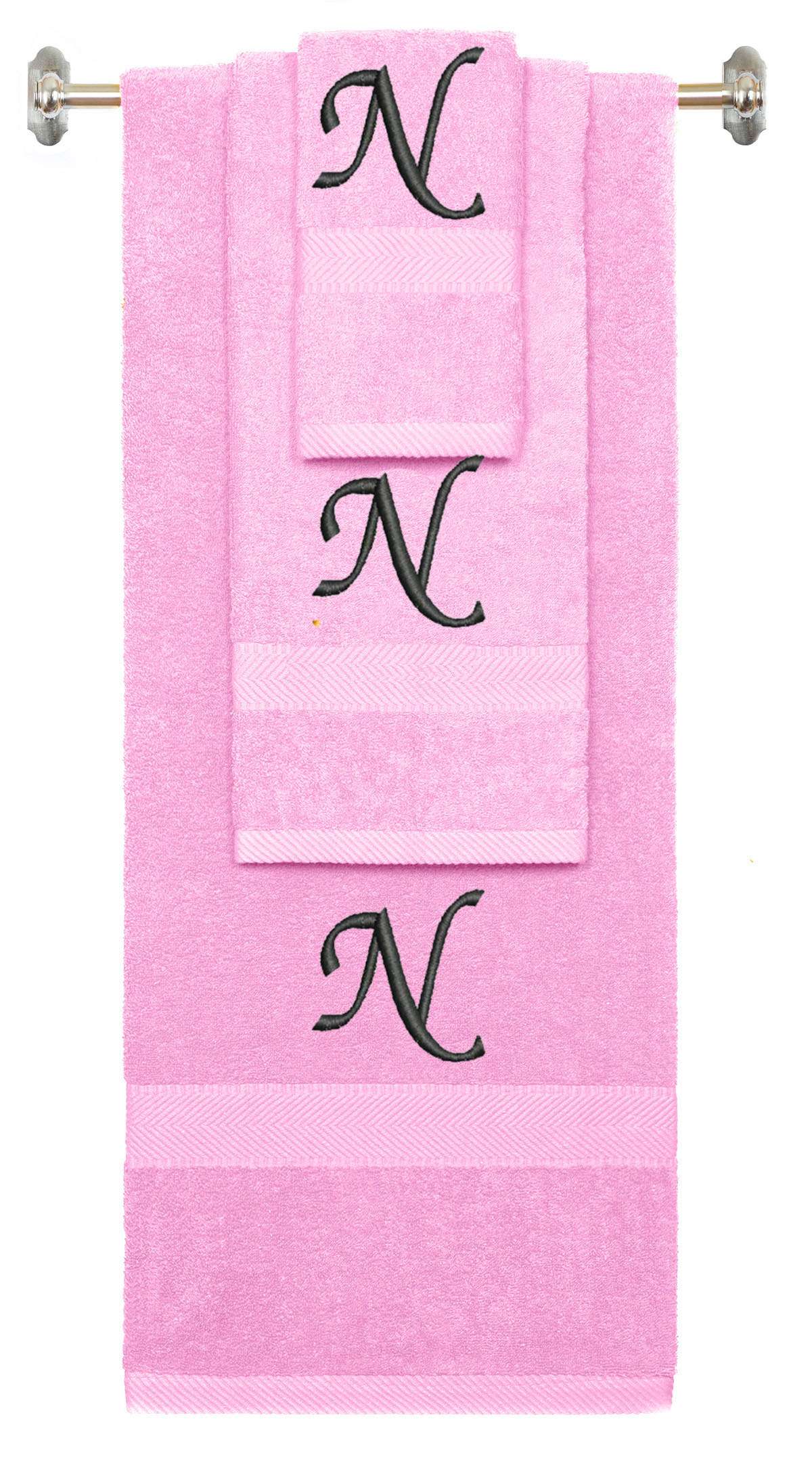 Pink monogrammed towel set with Black thread, Chancery font, initial N - 540 GSM cotton 3-piece
