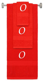Red monogrammed towel set with White thread, Chancery font, initial O - 540 GSM cotton 3-piece