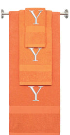 Orange monogrammed towel set with Silver thread, Times New Roman font, initial Y - 540 GSM cotton 3-piece