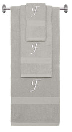 Silver monogrammed towel set with White thread, Chancery font, initial F - 540 GSM cotton 3-piece