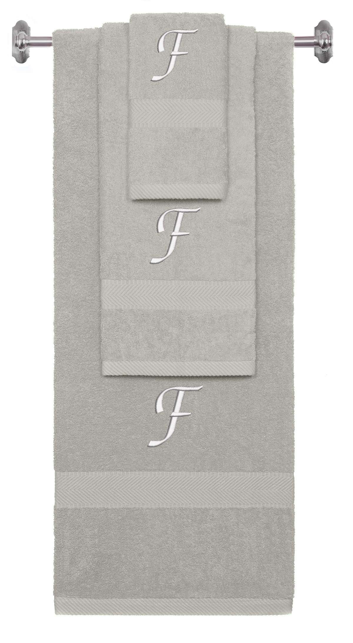 Silver monogrammed towel set with White thread, Chancery font, initial F - 540 GSM cotton 3-piece
