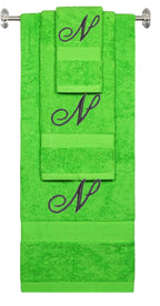 Lime monogrammed towel set with Black thread, Diana Script font, initial N - 540 GSM cotton 3-piece