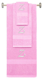 Pink monogrammed towel set with White thread, Chancery font, initial Z - 540 GSM cotton 3-piece