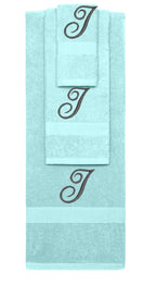Nautical Teal monogrammed towel set with Black thread, Diana Script font, initial I - 540 GSM cotton 3-piece