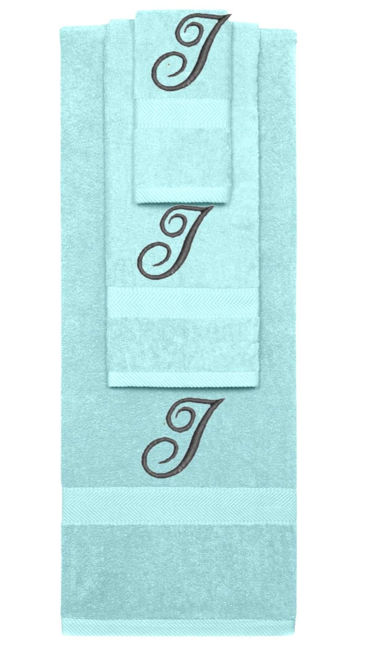 Nautical Teal monogrammed towel set with Black thread, Diana Script font, initial I - 540 GSM cotton 3-piece