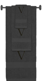 Charcoal monogrammed towel set with Black thread, Times New Roman font, initial V - 540 GSM cotton 3-piece