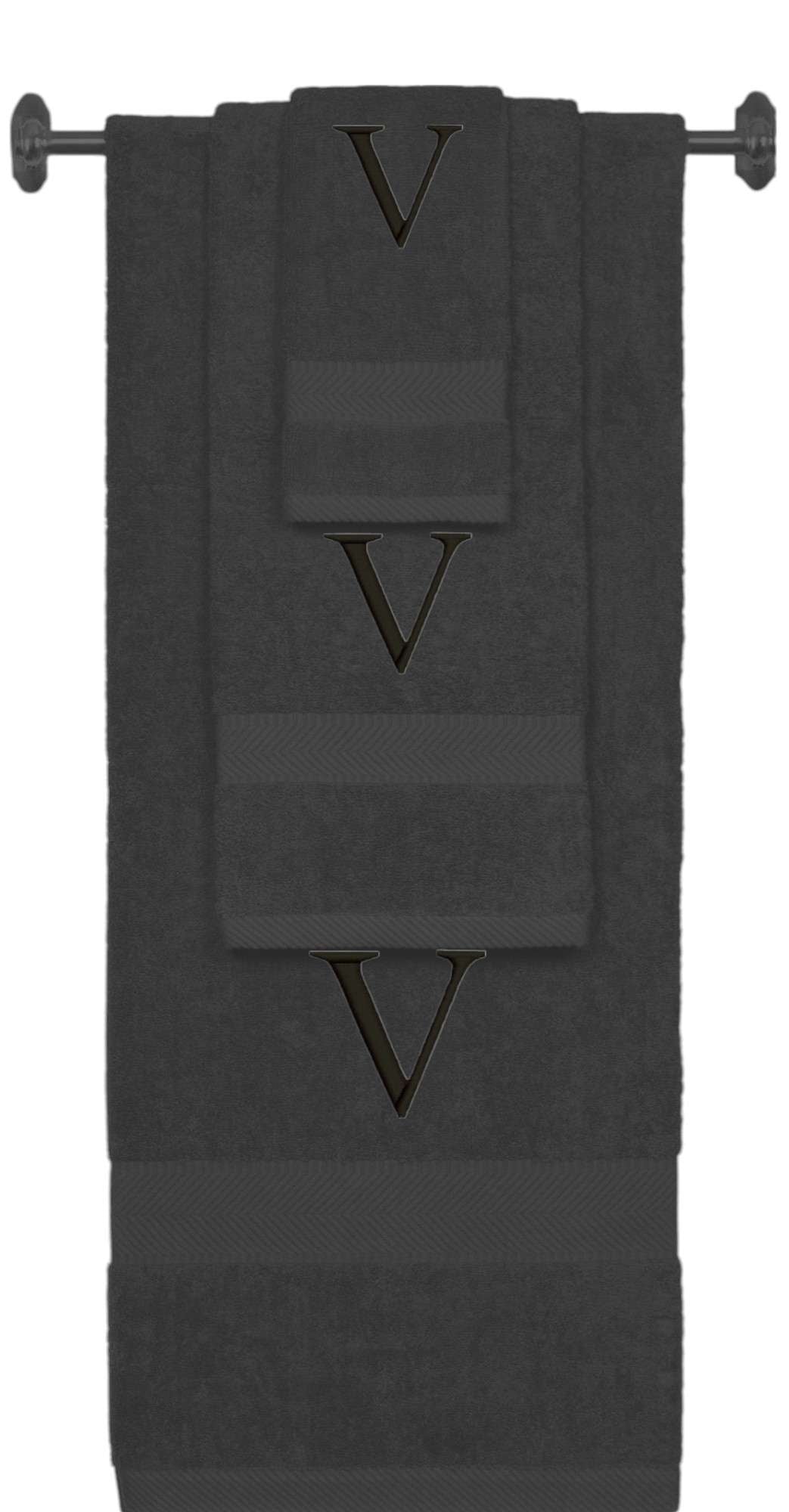 Charcoal monogrammed towel set with Black thread, Times New Roman font, initial V - 540 GSM cotton 3-piece