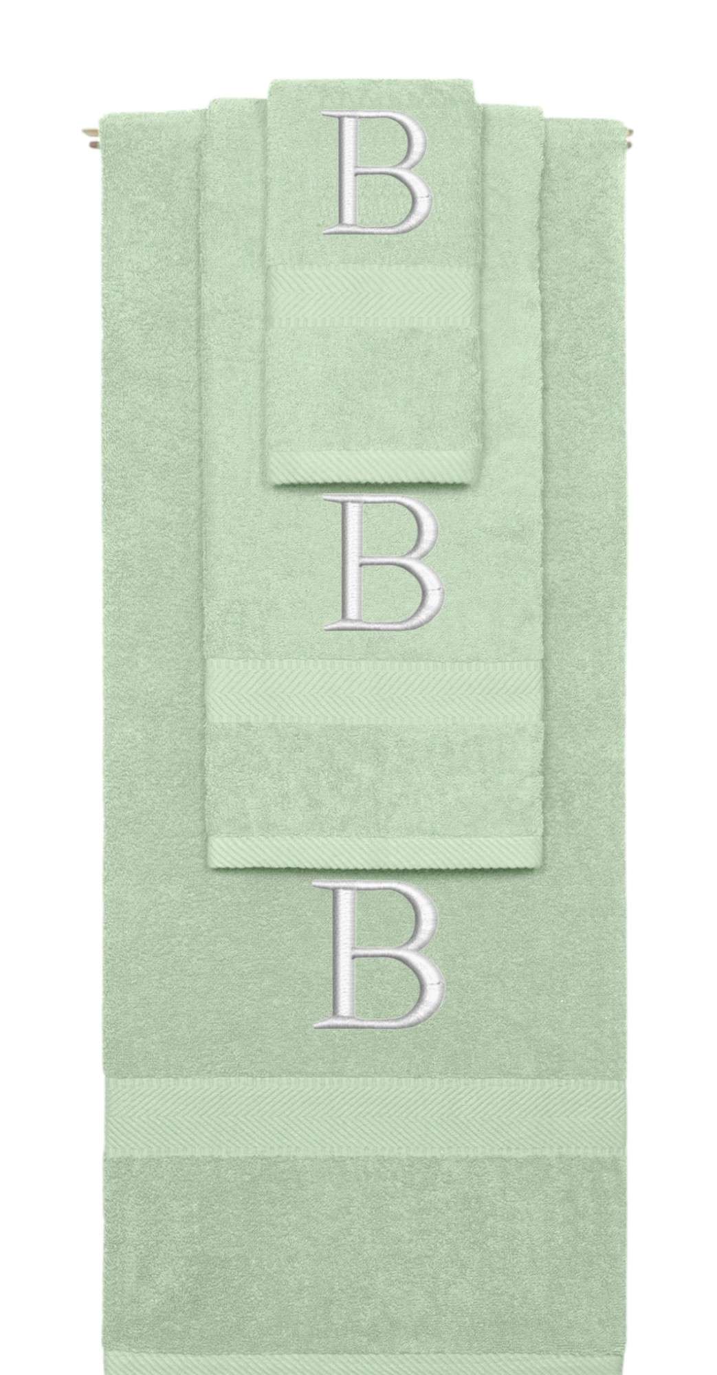 Mint Green monogrammed towel set with Silver thread, Times New Roman font, initial B - 540 GSM cotton 3-piece