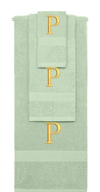 Mint Green monogrammed towel set with Gold thread, Times New Roman font, initial P - 540 GSM cotton 3-piece