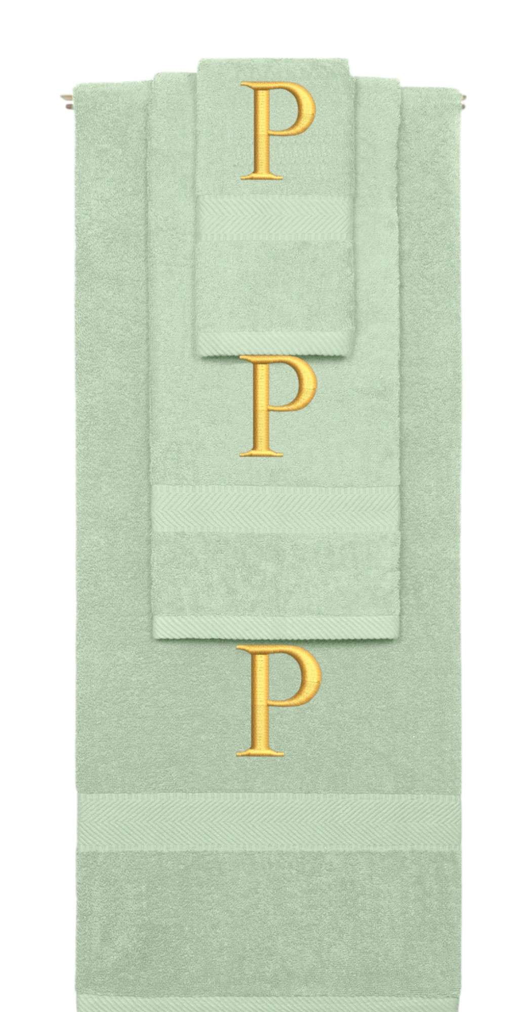 Mint Green monogrammed towel set with Gold thread, Times New Roman font, initial P - 540 GSM cotton 3-piece