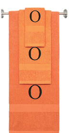 Orange monogrammed towel set with Black thread, Times New Roman font, initial O - 540 GSM cotton 3-piece