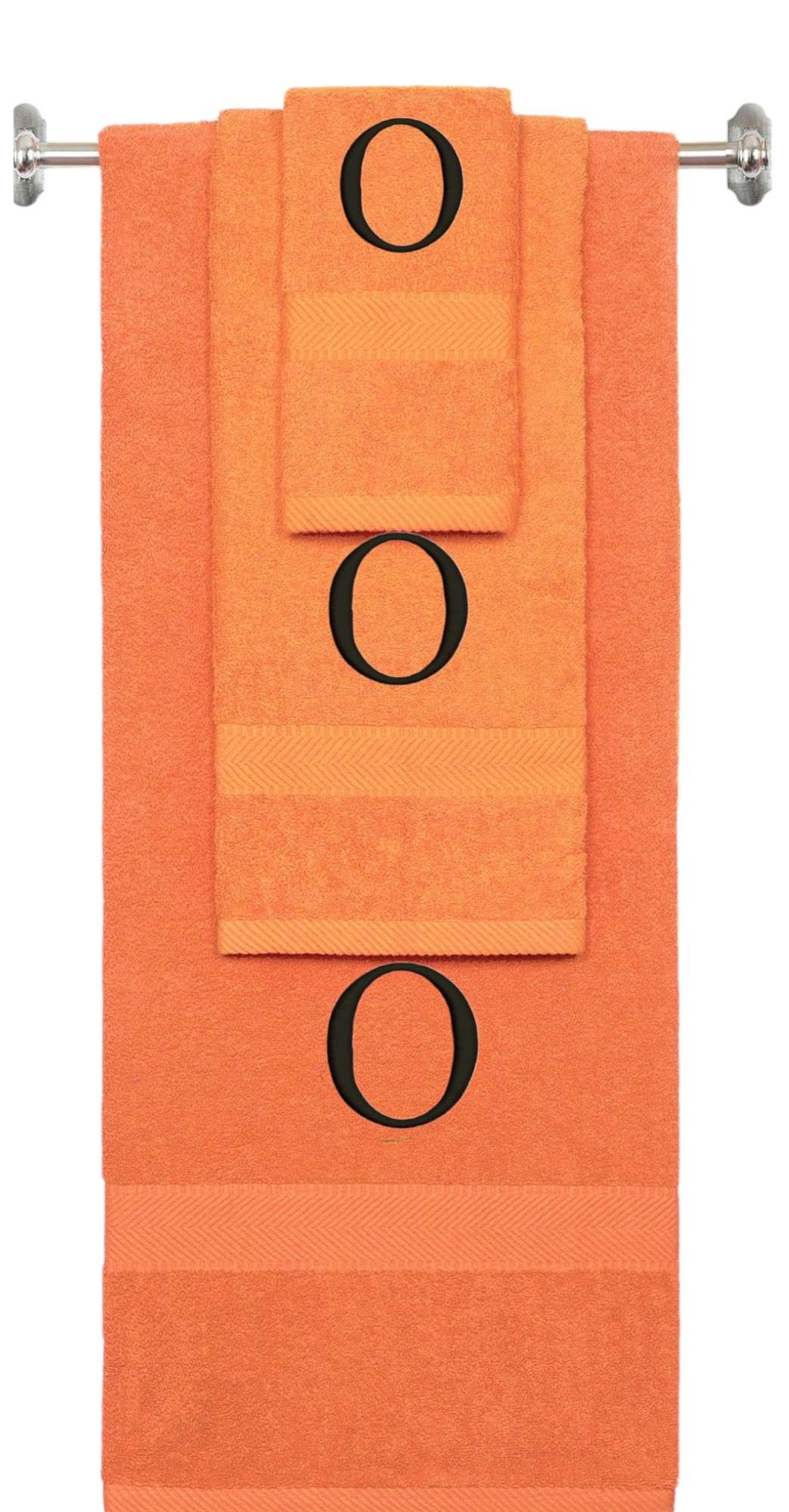 Orange monogrammed towel set with Black thread, Times New Roman font, initial O - 540 GSM cotton 3-piece