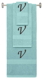 Nautical Teal monogrammed towel set with Black thread, Chancery font, initial V - 540 GSM cotton 3-piece