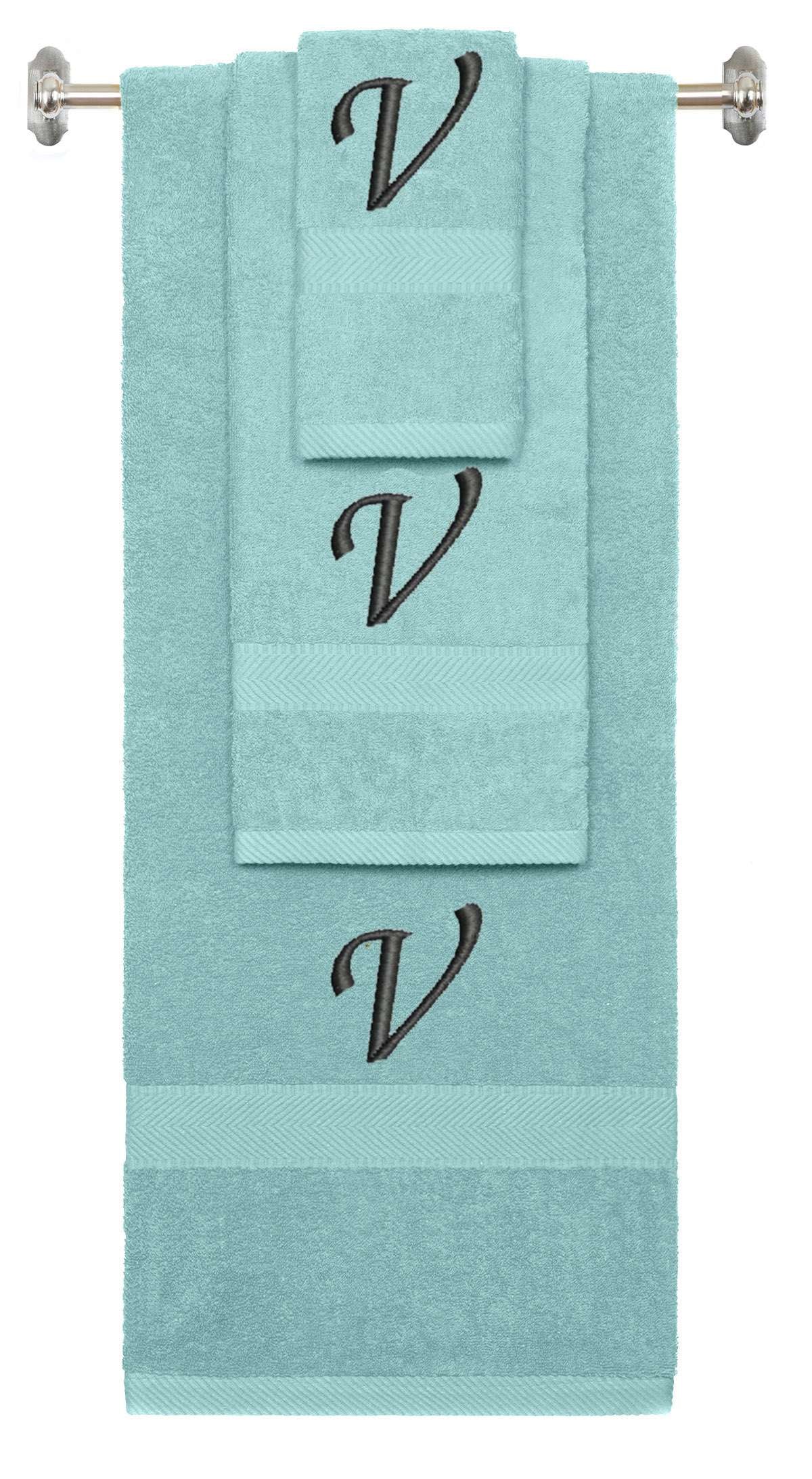 Nautical Teal monogrammed towel set with Black thread, Chancery font, initial V - 540 GSM cotton 3-piece