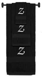 Black monogrammed towel set with White thread, Chancery font, initial Z - 540 GSM cotton 3-piece