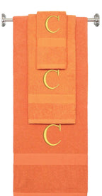 Orange monogrammed towel set with Gold thread, Times New Roman font, initial C - 540 GSM cotton 3-piece
