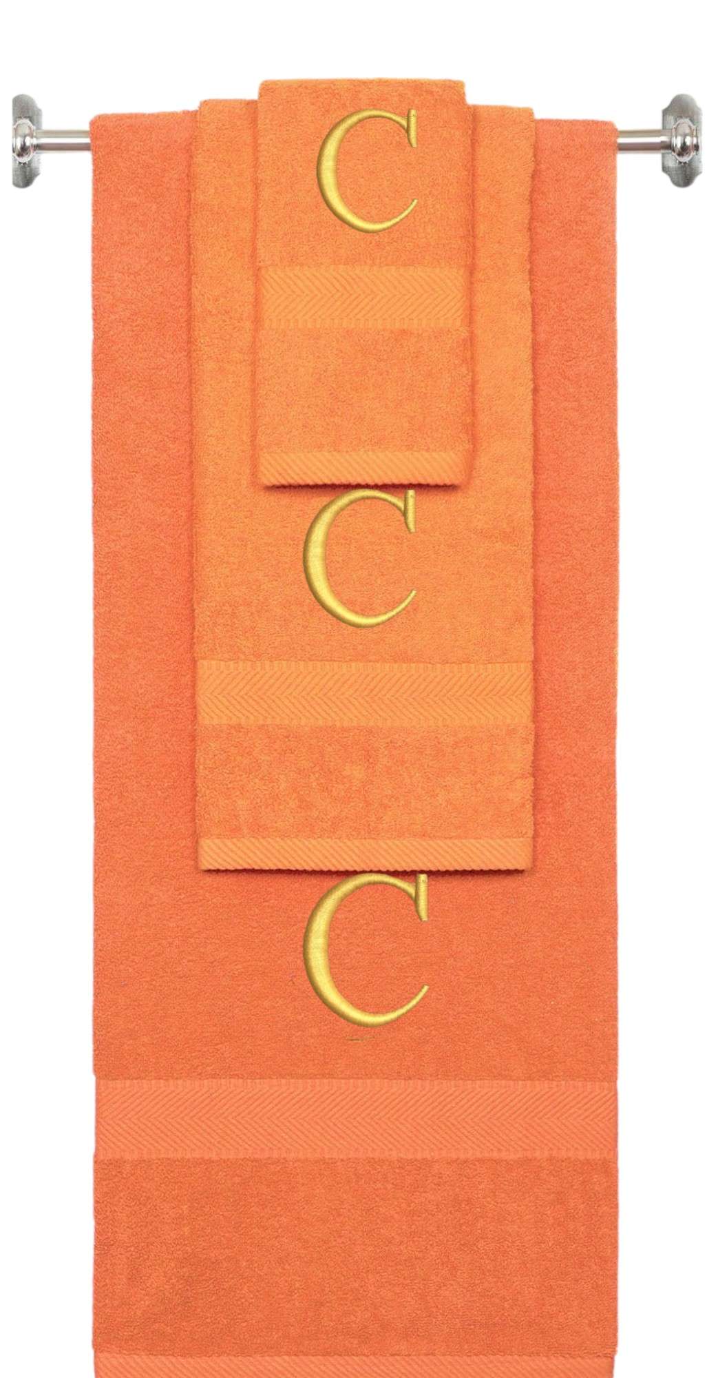 Orange monogrammed towel set with Gold thread, Times New Roman font, initial C - 540 GSM cotton 3-piece