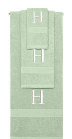 Mint Green monogrammed towel set with White thread, Times New Roman font, initial H - 540 GSM cotton 3-piece